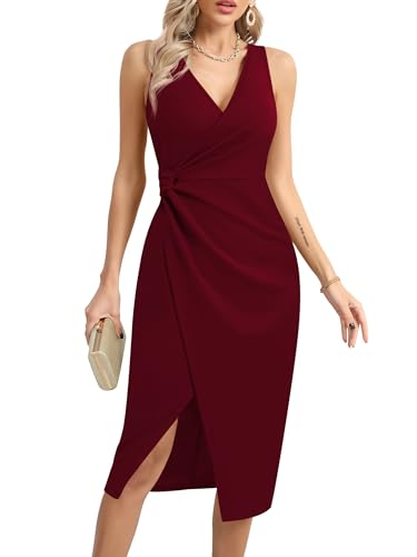 Missufe Damen Cocktailkleid Wickelkleid Partykleid Abendkleid Elegant Bodycon V-Ausschnitt Midikleid mit Schlitz Figurbetontes Ärmellos Hochzeit Festlich Twist Kleider (Weinrot, Large) von Missufe