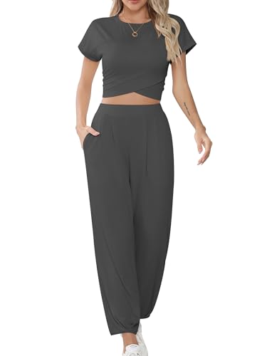Missufe Damen Crop Top und Jogginghose Trainingsanzug Lounge Sportanzug Freizeitanzug 2 Teiler Outfit mit Taschen (Dunkelgrau, X-Groß) von Missufe