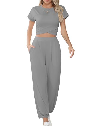 Missufe Damen Crop Top und Jogginghose Trainingsanzug Lounge Sportanzug Freizeitanzug 2 Teiler Outfit mit Taschen (Grau, X-Klein) von Missufe