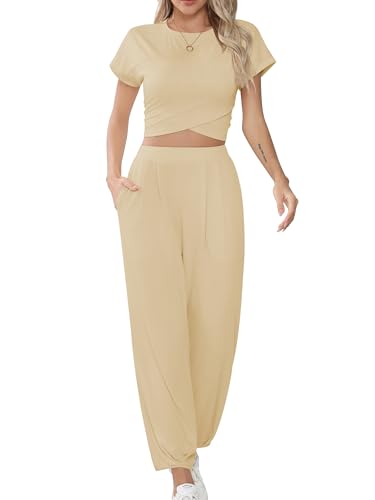 Missufe Damen Crop Top und Jogginghose Trainingsanzug Lounge Sportanzug Freizeitanzug 2 Teiler Outfit mit Taschen (Khaki, Klein) von Missufe