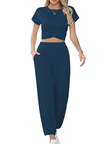 Missufe Damen Crop Top und Jogginghose Trainingsanzug Lounge Sportanzug Freizeitanzug 2 Teiler Outfit mit Taschen (Navy Blau, Mittel) von Missufe