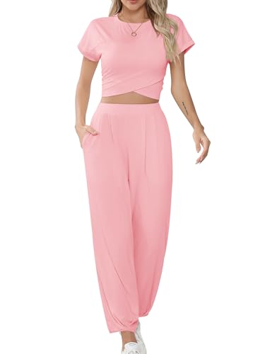 Missufe Damen Crop Top und Jogginghose Trainingsanzug Lounge Sportanzug Freizeitanzug 2 Teiler Outfit mit Taschen (Rosa, Groß) von Missufe