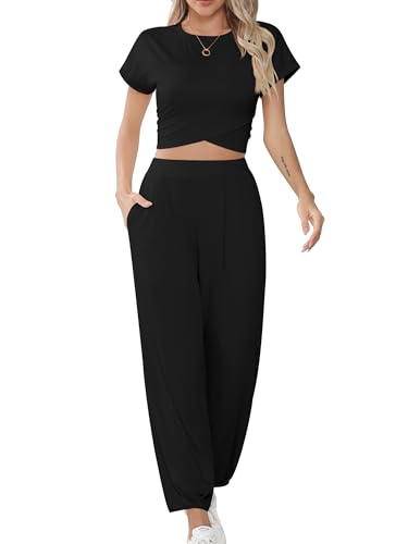 Missufe Damen Crop Top und Jogginghose Trainingsanzug Lounge Sportanzug Freizeitanzug 2 Teiler Outfit mit Taschen (Schwarz, X-Klein) von Missufe