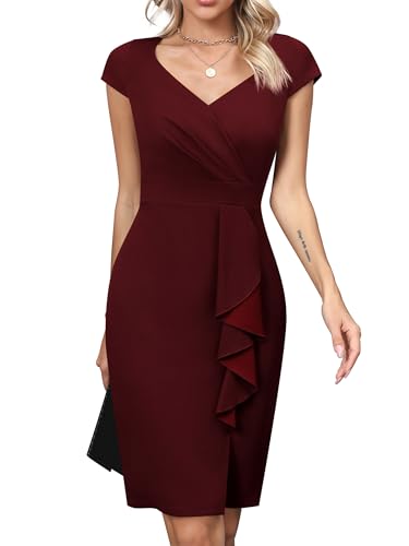 Missufe Damen Elegant Abendkleid Hochzeitsgast Wickelkleid Bodycon Knielang Schlitz Business Bleistiftkleider (Weinrot, Medium) von Missufe