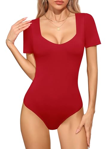 Missufe Damen Elegant Kurzarm Sommer V-Ausschnitt Basic Bodysuit Oberteil T Shirt Top (Rot，Groß von Missufe