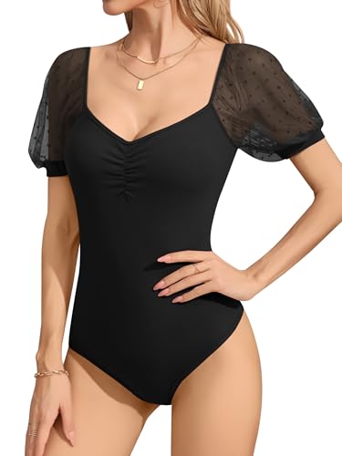 Missufe Damen Elegant V Ausschnitt Kurzarm Sommer Mesh Body Stricktop Oberteil T Shirt (schwarz, klein) von Missufe