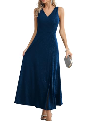 Missufe Damen Elegant Wickelkleid Abendkleid Cocktailkleid Ballkleid Maxikleid Lang Hochzeit Festlich V-Ausschnitt Kleider mit Schlitz (Blau, X-Small) von Missufe