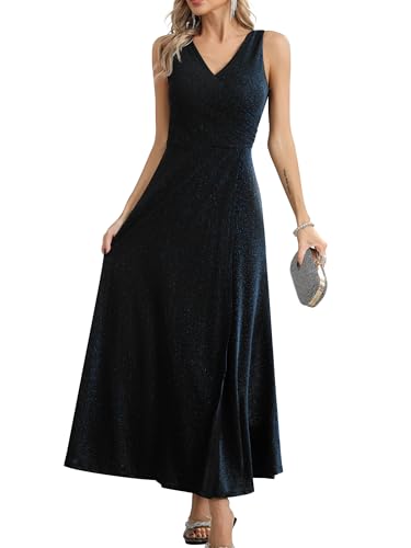 Missufe Damen Elegant Wickelkleid Abendkleid Cocktailkleid Ballkleid Maxikleid Lang Hochzeit Festlich V-Ausschnitt Kleider mit Schlitz (Blau Schwarz, L) von Missufe