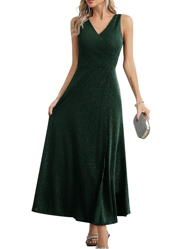 Missufe Damen Elegant Wickelkleid Abendkleid Cocktailkleid Ballkleid Maxikleid Lang Hochzeit Festlich V-Ausschnitt Kleider mit Schlitz (Dunkelgrün, M) von Missufe