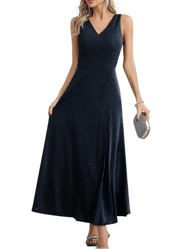 Missufe Damen Elegant Wickelkleid Abendkleid Cocktailkleid Ballkleid Maxikleid Lang Hochzeit Festlich V-Ausschnitt Kleider mit Schlitz (Marineblau, X-Small) von Missufe
