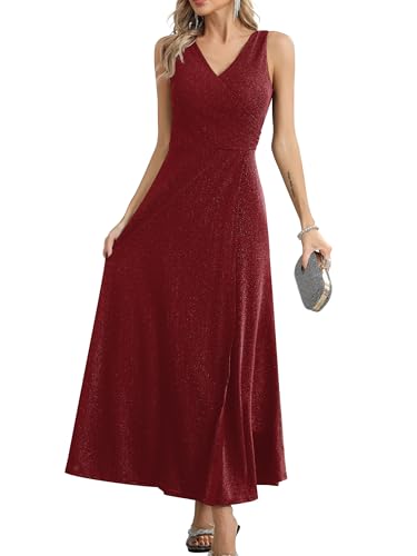 Missufe Damen Elegant Wickelkleid Abendkleid Cocktailkleid Ballkleid Maxikleid Lang Hochzeit Festlich V-Ausschnitt Kleider mit Schlitz (Rot, Medium) von Missufe