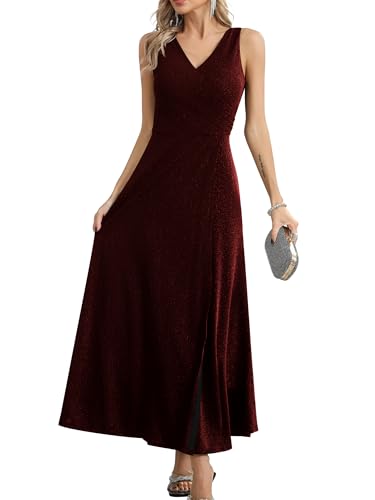 Missufe Damen Elegant Wickelkleid Abendkleid Cocktailkleid Ballkleid Maxikleid Lang Hochzeit Festlich V-Ausschnitt Kleider mit Schlitz (Rot Schwarz, XX-Large) von Missufe
