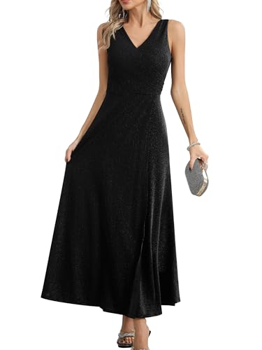Missufe Damen Elegant Wickelkleid Abendkleid Cocktailkleid Ballkleid Maxikleid Lang Hochzeit Festlich V-Ausschnitt Kleider mit Schlitz (Schwarz, M) von Missufe