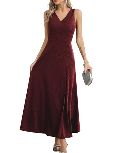 Missufe Damen Elegant Wickelkleid Abendkleid Cocktailkleid Ballkleid Maxikleid Lang Hochzeit Festlich V-Ausschnitt Kleider mit Schlitz (Weinrot, XL) von Missufe