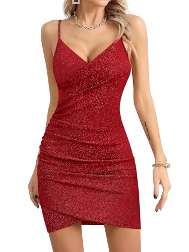 Missufe Damen Elegant Wickelkleid Partykleid Minikleid Spaghettiträger Bodycon Enges V-Ausschnitt Figurbetontes Ärmellos Bleistiftkleid (Rot, Medium) von Missufe