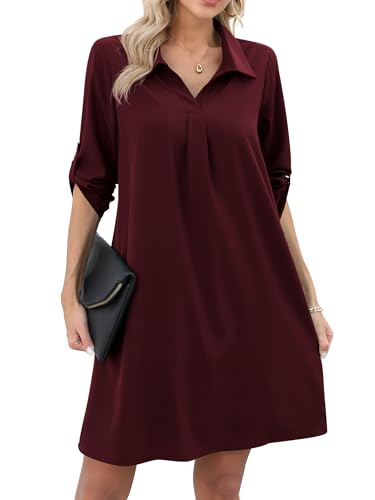 Missufe Damen Freizeit Blusenkleid Tunika Hemdkleid 3/4 Ärmel Locker Shirt Kurzes Kleid (Burgunderrot, Klein) von Missufe