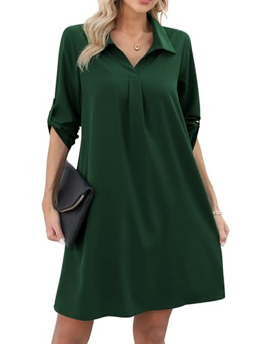 Missufe Damen Freizeit Blusenkleid Tunika Hemdkleid 3/4 Ärmel Locker Shirt Kurzes Kleid (Dunkelgrün, Mittel) von Missufe
