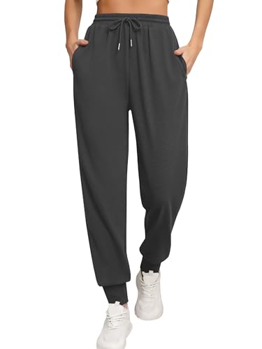 Missufe Damen Freizeithose Jogginghose Sporthose Trainingshose Elastisch High Waist Sweatpants mit Taschen (Dunkelgrau, X-Groß) von Missufe