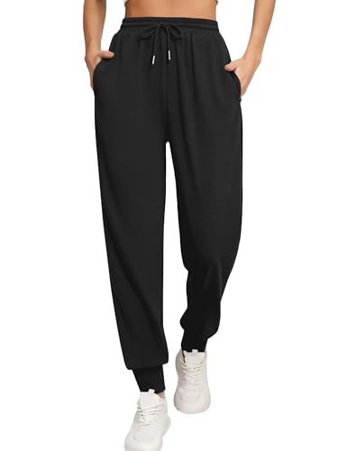 Missufe Damen Freizeithose Jogginghose Sporthose Trainingshose Elastisch High Waist Sweatpants mit Taschen (Schwarz, Groß) von Missufe