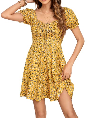 Missufe Damen Freizeitkleid A Linien Blumen Puff Ärmel Sommerkleid Kordelzug Gerafft Kurze Kleider (Gelb, Mittel) von Missufe