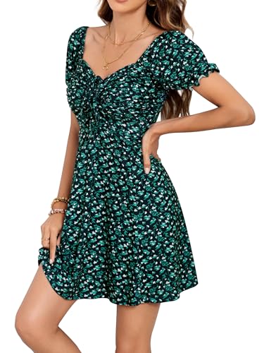 Missufe Damen Freizeitkleid A Linien Blumen Puff Ärmel Sommerkleid Kordelzug Gerafft Kurze Kleider (Navy Blau, Groß) von Missufe