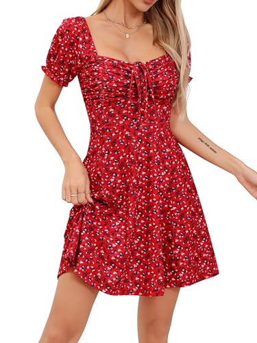 Missufe Damen Freizeitkleid A Linien Blumen Puff Ärmel Sommerkleid Kordelzug Gerafft Kurze Kleider (Rot, Klein) von Missufe