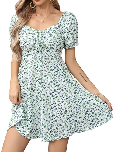 Missufe Damen Freizeitkleid A Linien Blumen Puff Ärmel Sommerkleid Kordelzug Gerafft Kurze Kleider (Weiß, Groß) von Missufe