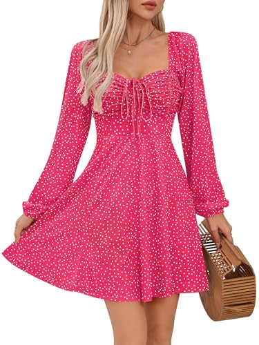 Missufe Damen Freizeitkleid Swing A Linien Langarm Kordelzug Gerafft Kurze Kleider (Heißes Rosa, Groß) von Missufe