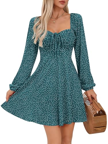 Missufe Damen Freizeitkleid Swing A Linien Langarm Kordelzug Gerafft Kurze Kleider (Pfauenblau, X-Groß) von Missufe