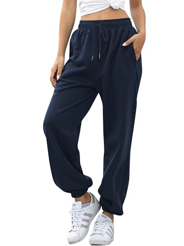 Missufe Damen Jogginghose Freizeithose Hohe Taille Sporthose Trainingshose Cinch Bottom Lang Sweatpants mit Taschen (Dunkelblau, Mittel) von Missufe