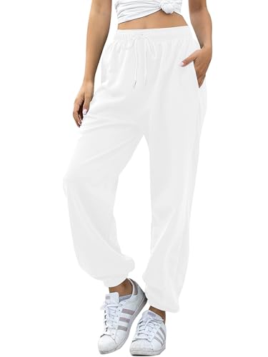 Missufe Damen Jogginghose Freizeithose Hohe Taille Sporthose Trainingshose Cinch Bottom Lang Sweatpants mit Taschen (Weiß, XX-groß) von Missufe