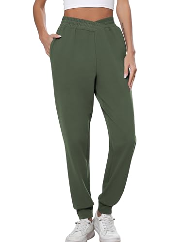 Missufe Damen Jogginghose Sporthose Sweathose Lang 2025 Sweatpants V Frequenzweiche Freizeithose Mit Tasche (Graugrün, Large) von Missufe