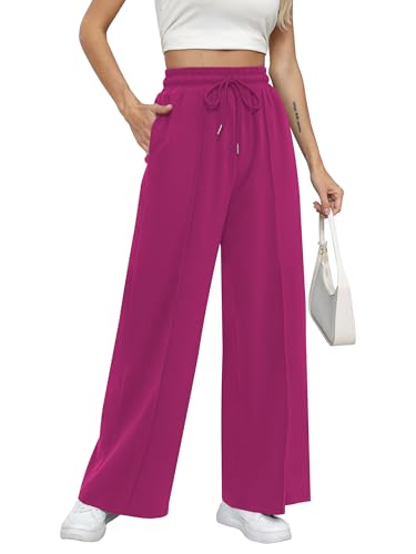 Missufe Damen Jogginghose Sporthose Sweathose Lang Cargo Sweatpants Freizeithose 2025 Weites Bein Hose mit Tasche (Heißes Rosa, XL) von Missufe