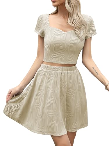 Missufe Damen Kurzarm Crop Top Hohe Taille A Linie Rock Set Sommer Casual 2 Teiler Outfit (Aprikose, Groß) von Missufe