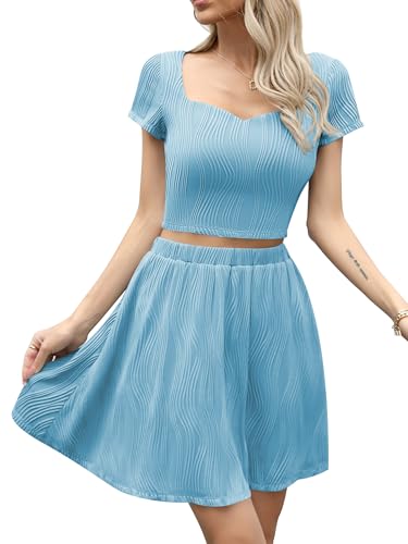 Missufe Damen Kurzarm Crop Top Hohe Taille A Linie Rock Set Sommer Casual 2 Teiler Outfit (Hellblau, Mittel) von Missufe