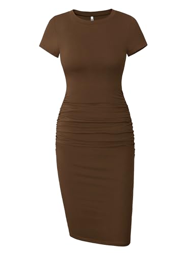 Missufe Damen Kurzarm Rüschen Casual Sommerkleid Midi Bodycon T-Shirt Kleid, Kaffee, Mittel von Missufe