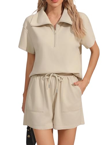 Missufe Damen Kurzarm Sweatshirt Kurze Hose Sommer Trainingsanzug Sportanzug Lounge 2 Teiler Outfit mit Taschen (Aprikose, X-Groß) von Missufe
