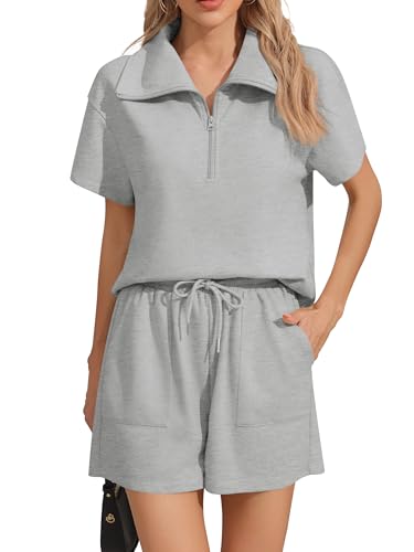 Missufe Damen Kurzarm Sweatshirt Kurze Hose Sommer Trainingsanzug Sportanzug Lounge 2 Teiler Outfit mit Taschen (Heidekraut Grau, Mittel) von Missufe
