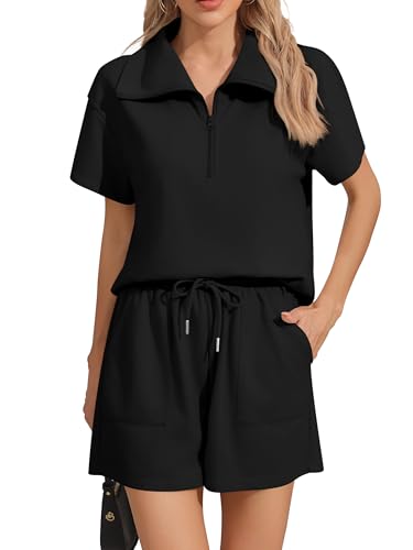 Missufe Damen Kurzarm Sweatshirt Kurze Hose Sommer Trainingsanzug Sportanzug Lounge 2 Teiler Outfit mit Taschen (Schwarz, X-Groß) von Missufe