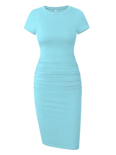 Missufe Damen Kurzarm gerüscht Casual Sommerkleid Midi Bodycon T Shirt Kleid, Hell, blau, X-Groß von Missufe