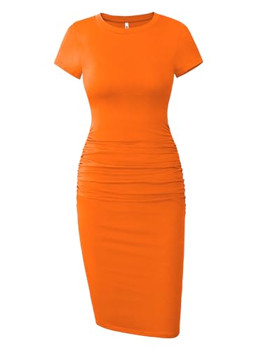 Missufe Damen Kurzarm gerüscht Casual Sommerkleid Midi Bodycon T Shirt Kleid, Neon-Orange, Klein von Missufe