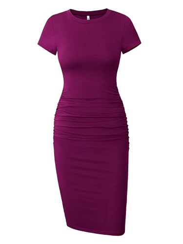 Missufe Damen Kurzarm gerüscht Casual Sommerkleid Midi Bodycon T Shirt Kleid, Violett, Klein von Missufe