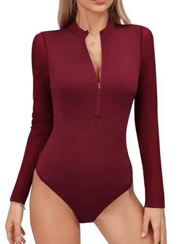 Missufe Damen Langarm Mesh Reißverschluss Body Oberteil T Shirt Top (Weinrot, Small) von Missufe