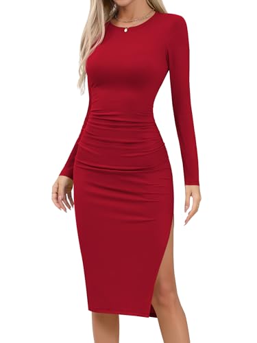 Missufe Damen Langarm Midikleid Strickkleid Bodycon Freizeitkleid mit Schlitz Enges Bleistiftkleid Figurbetontes Gerafftes Kleider (Rot, X-Large) von Missufe