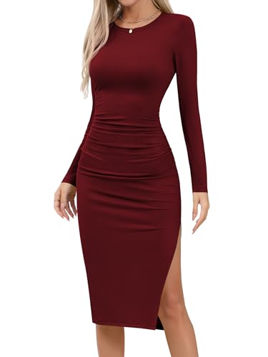 Missufe Damen Langarm Midikleid Strickkleid Bodycon Freizeitkleid mit Schlitz Enges Bleistiftkleid Figurbetontes Gerafftes Kleider (Weinrot, Medium) von Missufe
