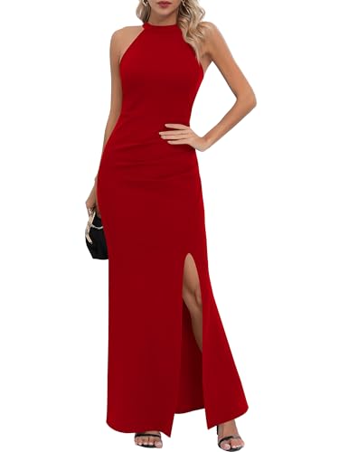 Missufe Damen Maxikleid Partykleid Neckholder Ärmelloses Abendkleid Schlitz Elegant Bodycon Lang Ballkleider (Rot, X-klein) von Missufe