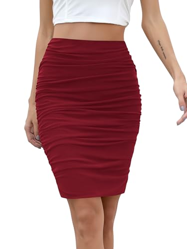 Missufe Damen Mesh Figurbetonter Stretch Enger Bleistiftrock Hohe Taille Kurz Elastischer Bodycon Rock (Burgunderrot, Groß) von Missufe