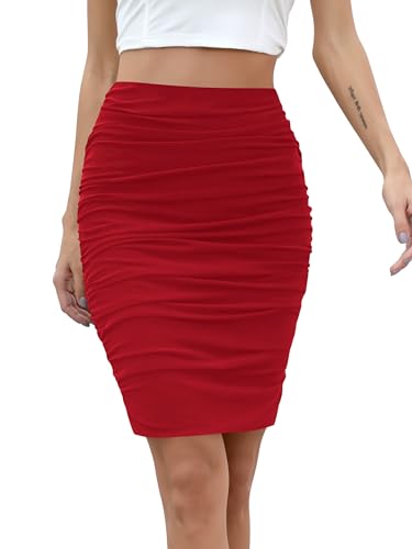 Missufe Damen Mesh Figurbetonter Stretch Enger Bleistiftrock Hohe Taille Kurz Elastischer Bodycon Rock (Rot, Groß) von Missufe