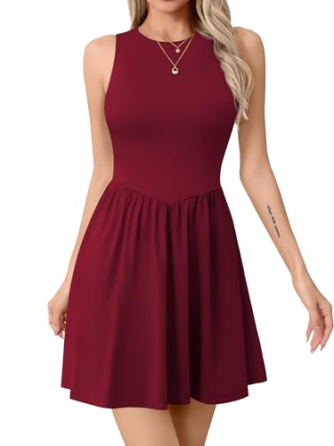 Missufe Damen Minikleid Rockabilly A-Linie Freizeitkleid Ärmellos Rundhals Kurzes Tank Kleider (Burgunderrot, X-Groß) von Missufe