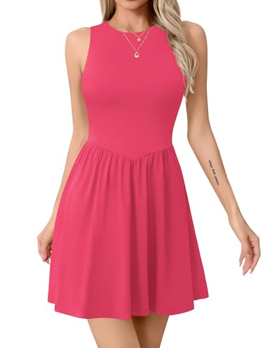 Missufe Damen Minikleid Rockabilly A-Linie Freizeitkleid Ärmellos Rundhals Kurzes Tank Kleider (Rosa, Groß) von Missufe